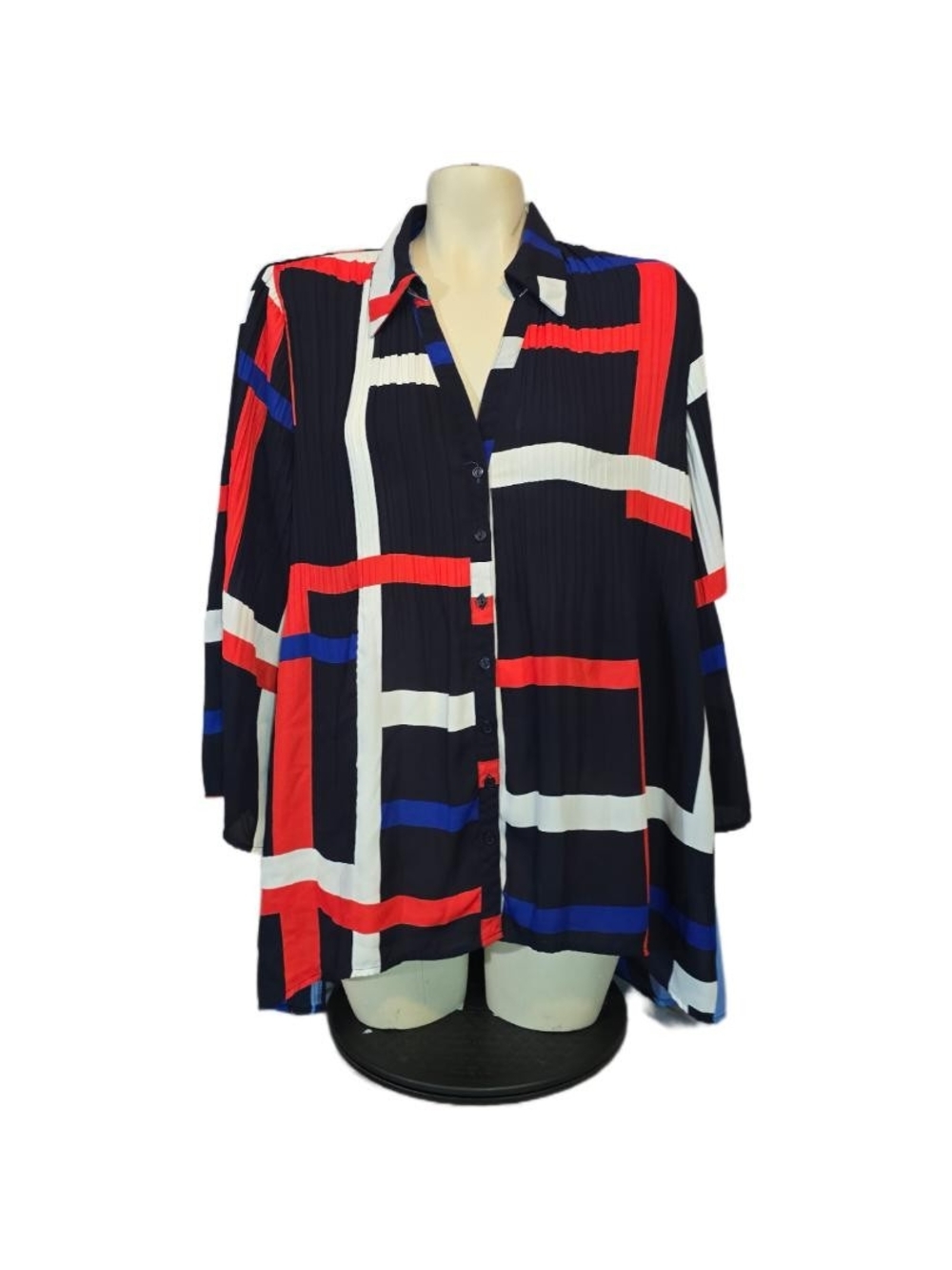 Valerie Stevens Geometric Print Button-Down Blouse in Navy, Red & White Size XL